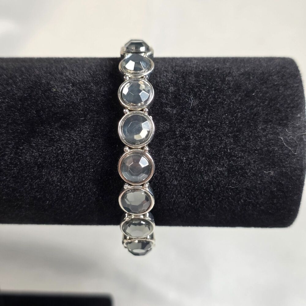 Silver-Tone Elastic Stretch Tennis Bracelet Faceted Smoky-Gray Round Gems
